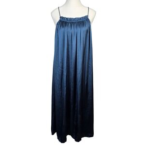 Zara Womens XS Teal Blue Satin Pleated Maxi Slip Dress Tie Back Ruffle Trim